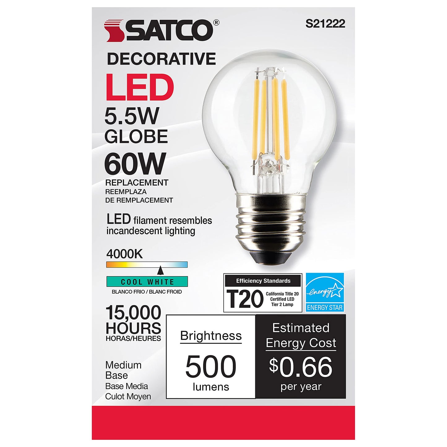Satco 5.5-Watt LED E26 Light Bulb, 4000K, 15000 Hour Rating, Dimmable
