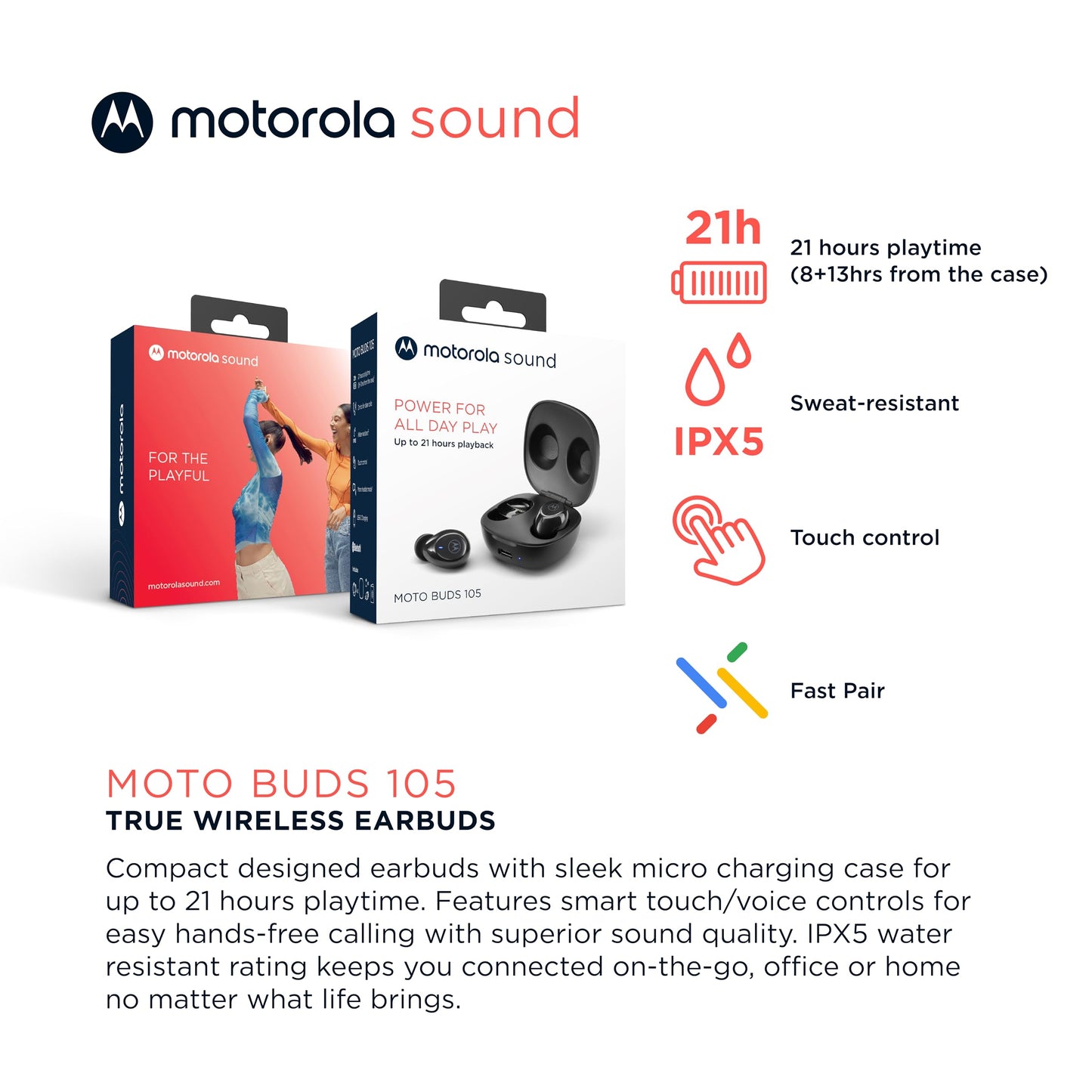 Motorola Moto Buds 105 - True Wireless Bluetooth Environmental Noise Canceling Earbuds with Touch Control & Micro-Charging Case - IPX5…