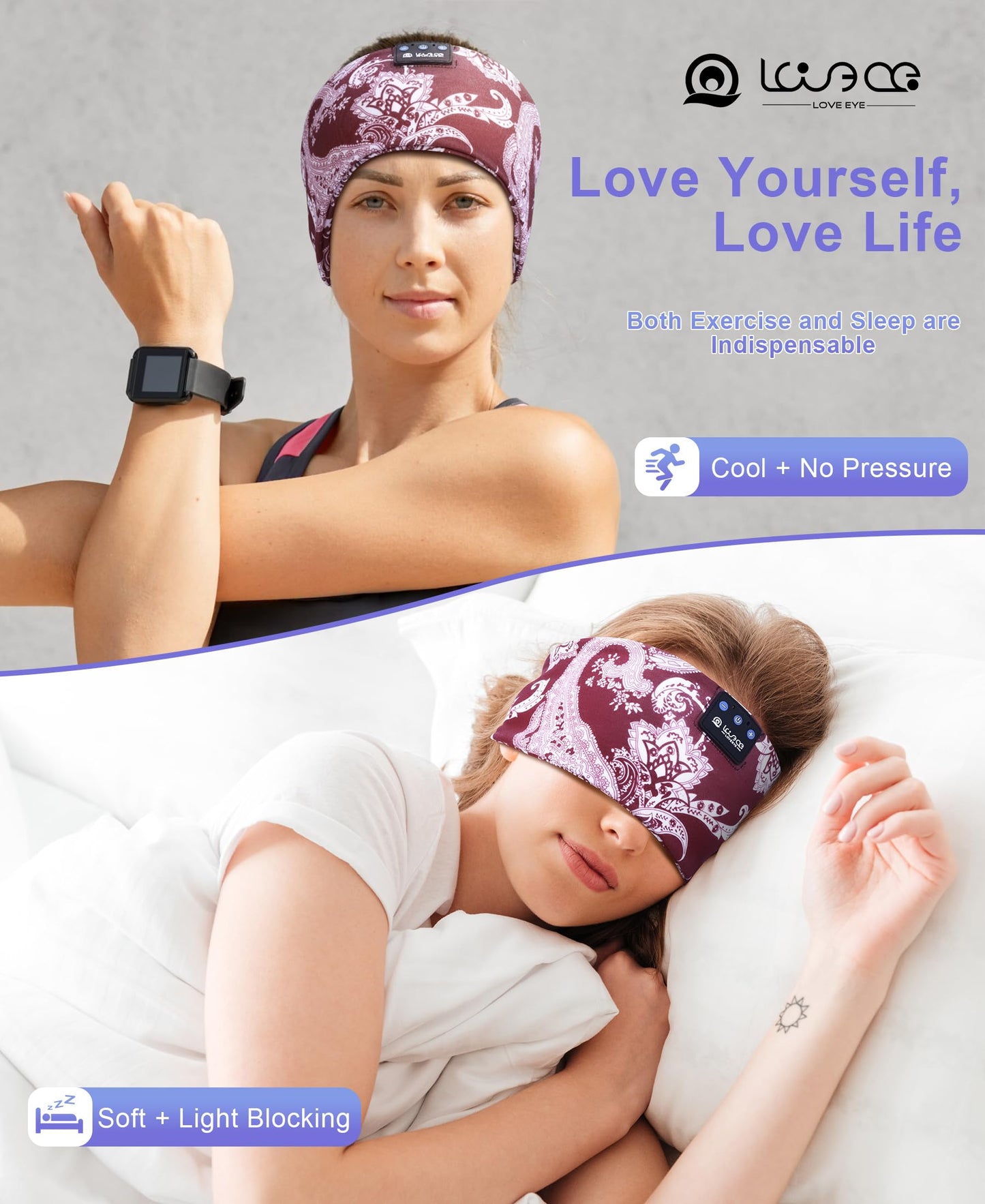 LOVE EYE Sleep Headphones Wireless Headband Headphones Bluetooth 5.4 for Side Sleeper Bluetooth Headband Earphones for Sports for tech Gadgets Gifts