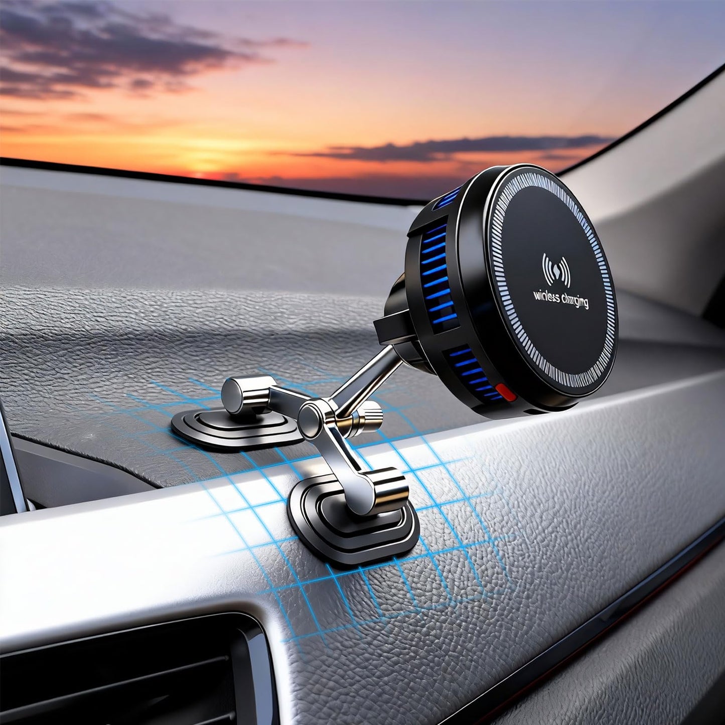 xik Car Phone Holder with Magnetic Cooling Charger for Dashboard,[90° Curved Surface mounting] Wireless Fast Charger for Magsafe iPhone 17 Pro Max 16