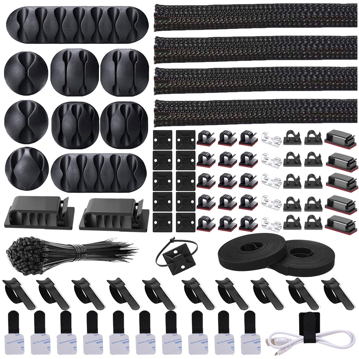 Cord Management Organizer Kit 4 Cable Sleeve split with 41Self Adhesive Cable Clips Holder, 10pcs and 2 Roll Self Adhesive tie and 100 Fastening Cable