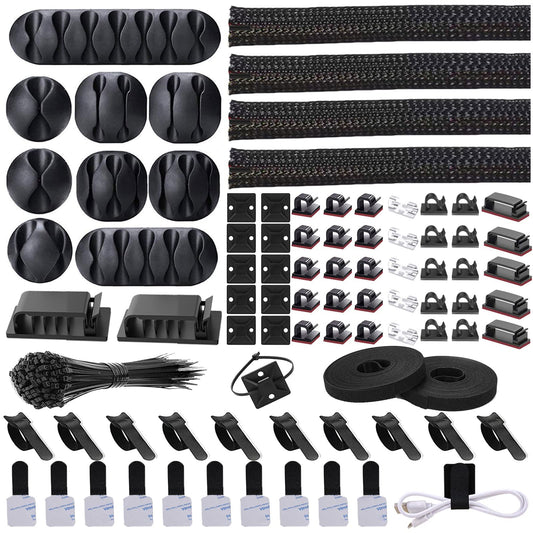 Cord Management Organizer Kit 4 Cable Sleeve split with 41Self Adhesive Cable Clips Holder, 10pcs and 2 Roll Self Adhesive tie and 100 Fastening Cable