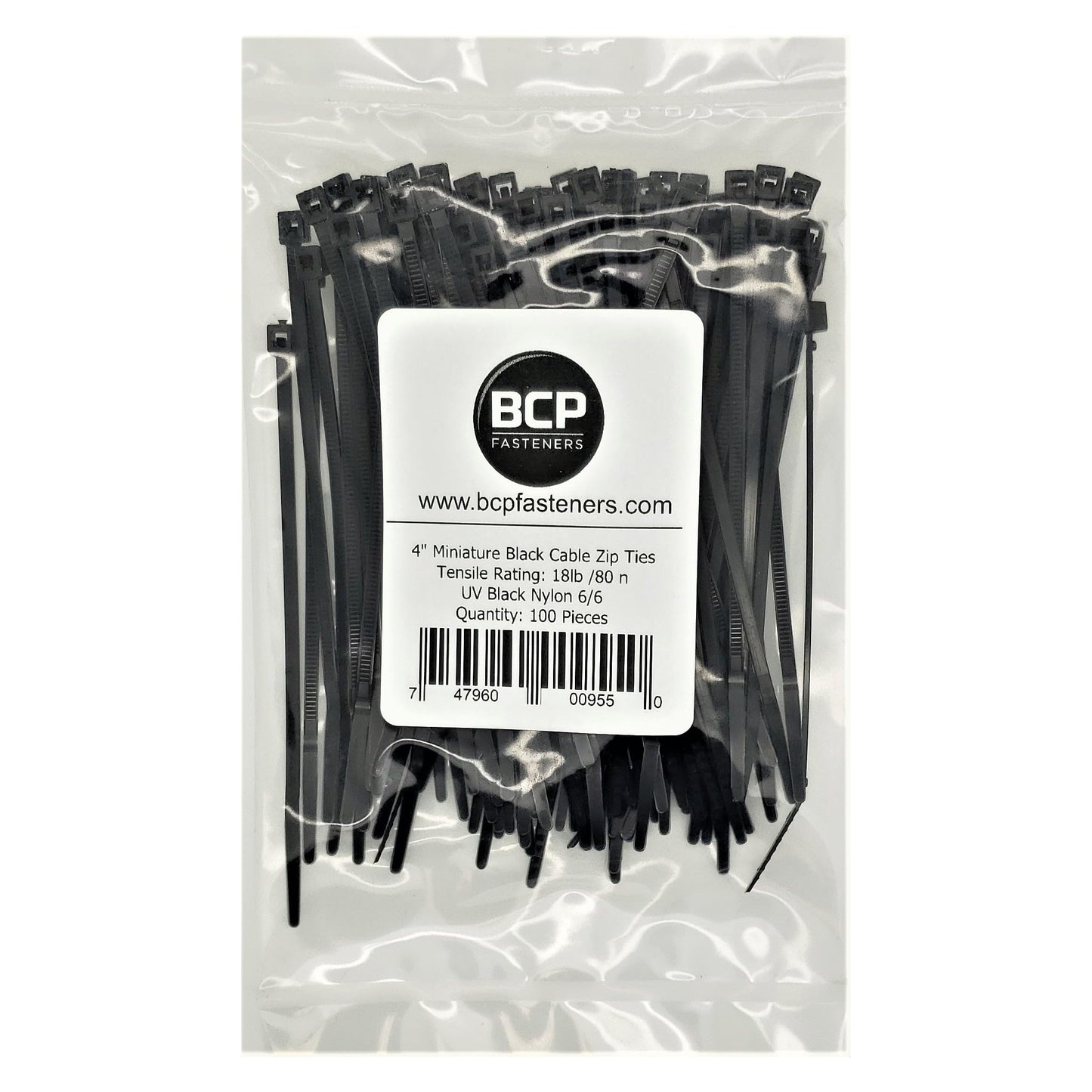 100 Qty 4 Inch Black Nylon 18 lb Cable Zip Ties | Made in The USA | BCP895
