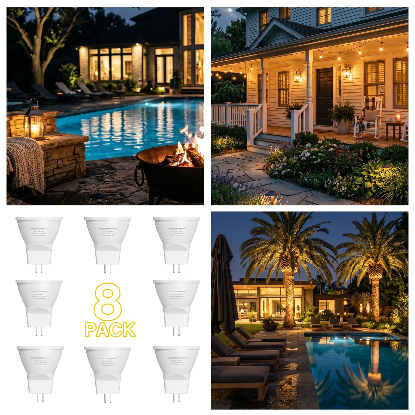 GOODSMANN 8-Pack MR11 LED Bulbs GU4 Bi-Pin Base 3W 200 Lumens 2700K Warm White 12-24V AC/DC Low Voltage Bulbs for Landscape Pathway Lights
