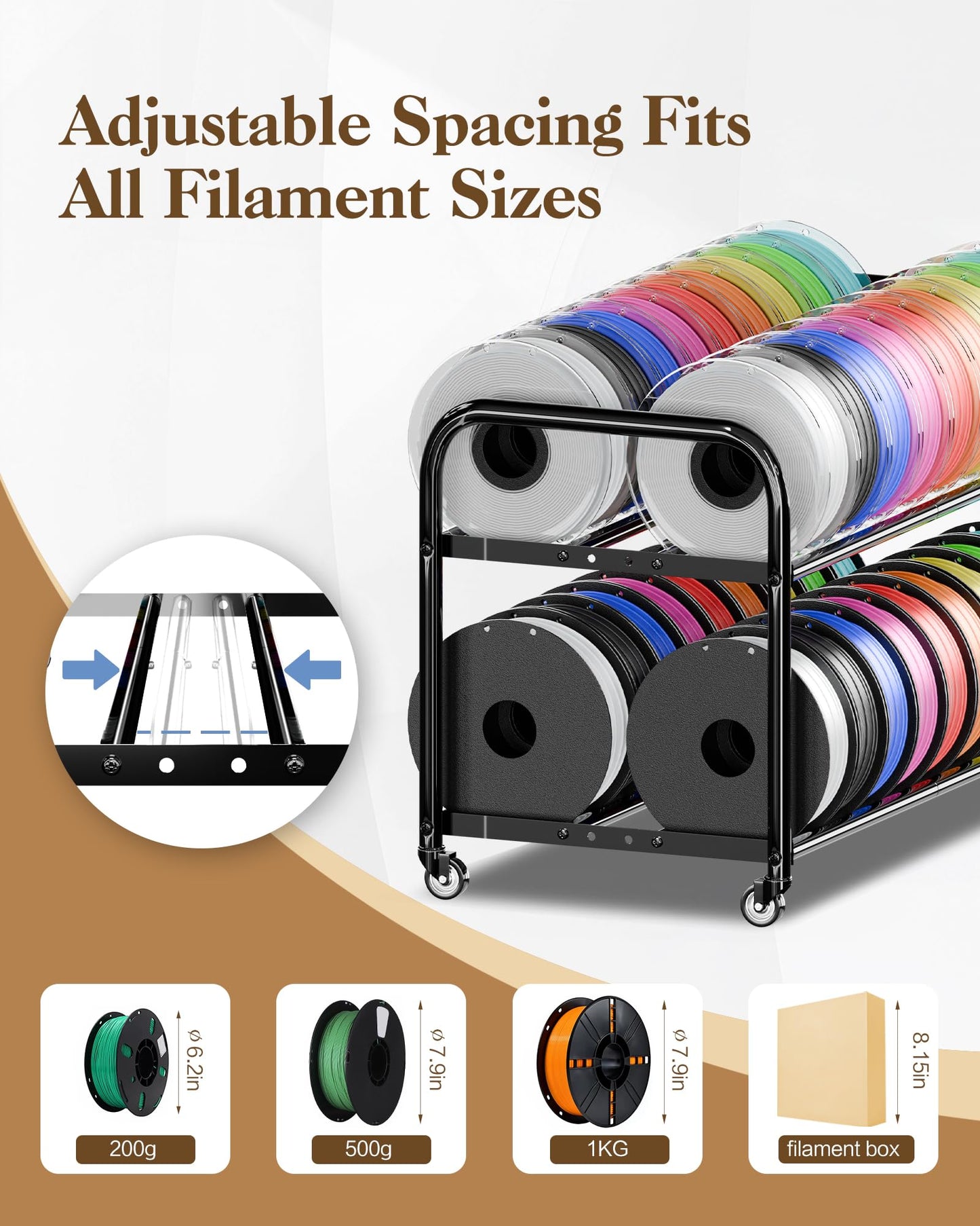 2-Tier Under Desk Filament Storage Rack, 3D Filament Storage Rolling Cart Holds 40+ 3D Printer Filament, Adjustable Filaments Rack for 250g-1KG