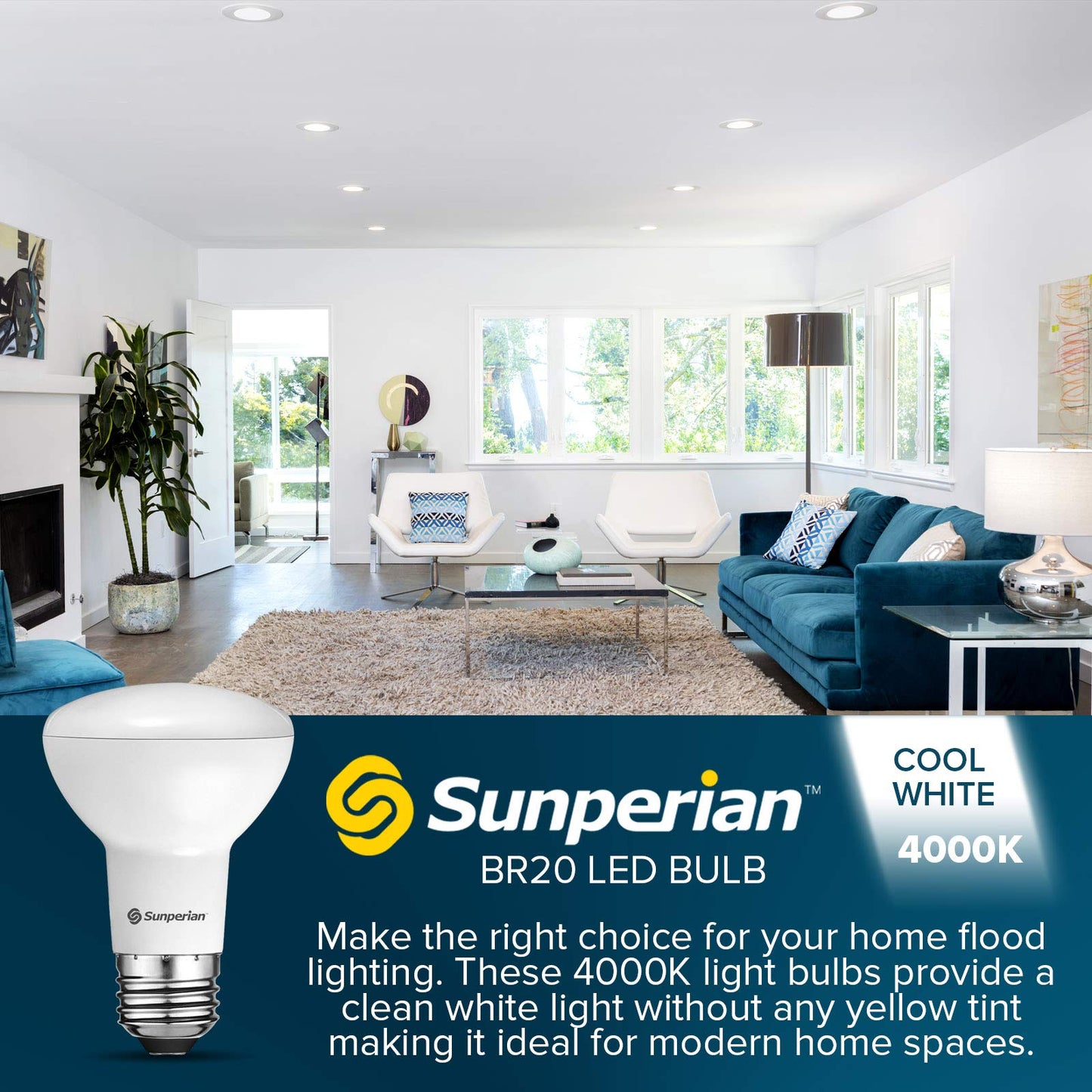 SUNPERIAN BR20 LED Bulb, 6W=50W, 4000K Cool White, 550 Lumens, Dimmable Flood Light Bulbs for Recessed Cans, Enclosed Fixture Rated, Damp Rated, UL