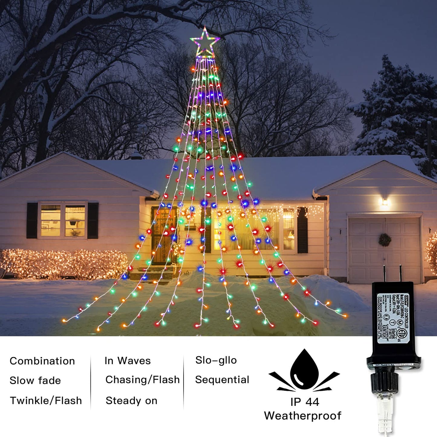 Christmas Decorations Star String Lights,320 LED Outdoor Christmas Tree Lights with 13" Topper Star,8 Modes Waterproof Hanging Fairy Twinkle Lights