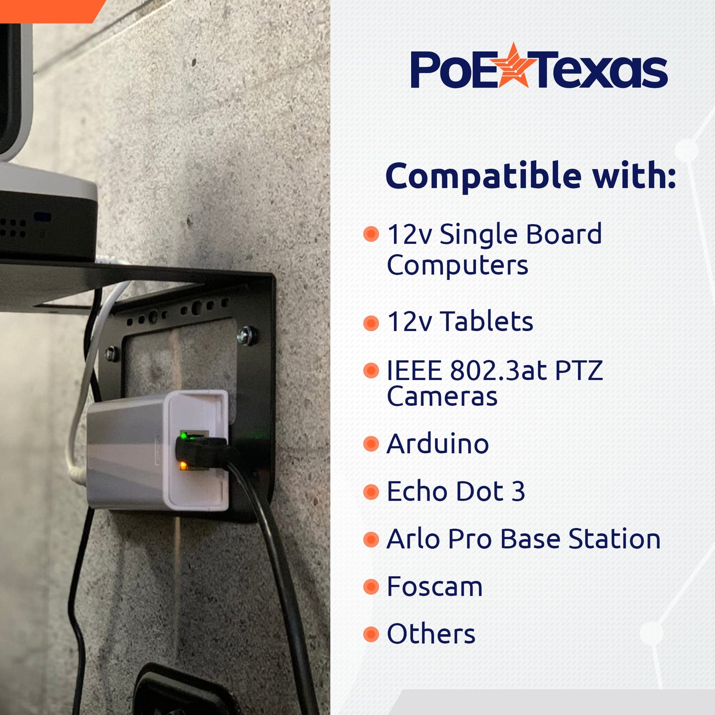 PoE Texas 12 Volt PoE+ - IEEE 802.3at - Splitter Splits Power Over Ethernet to 12v DC & Gigabit Data with Opto-Isolation Protection for 12v 25w