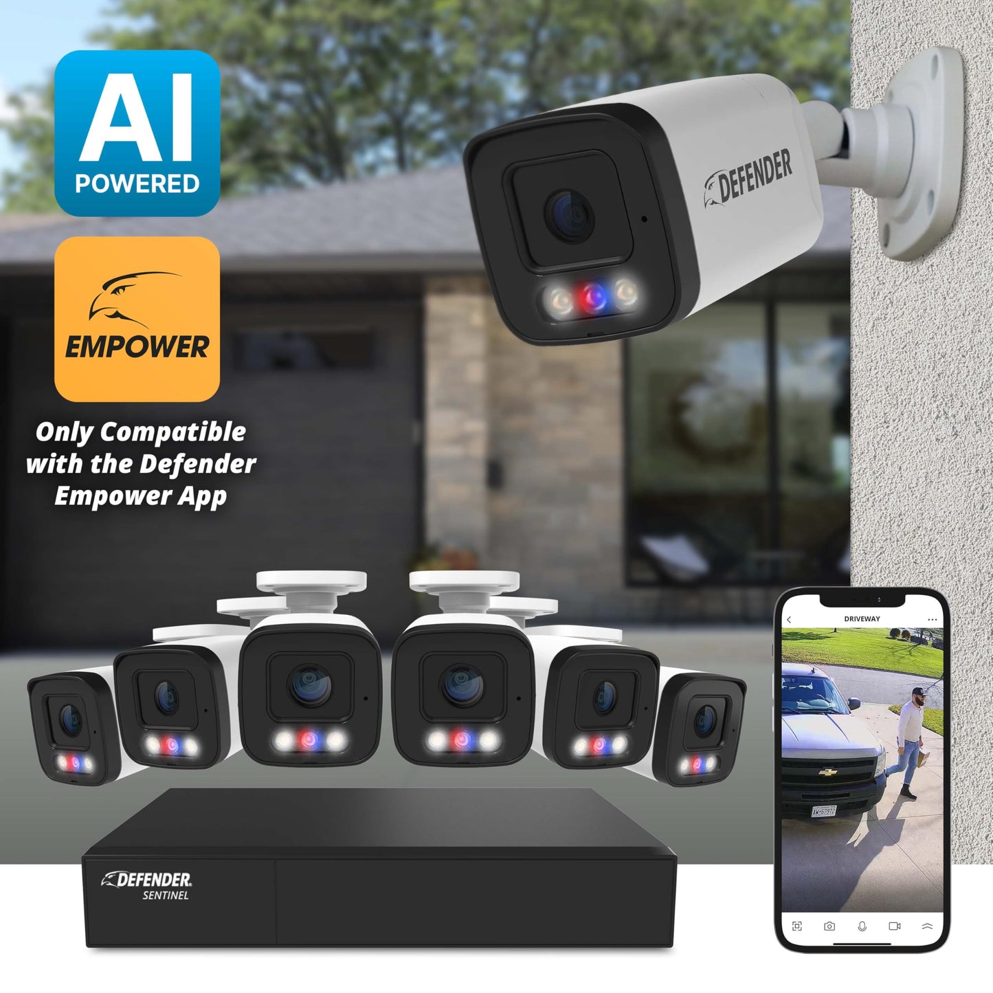 Defender AI Powered Sentinel Pro Turret 8CH NVR PoE Security Camera System, 6pc Metal Turret Cameras, 109° Wide Angle, IP66 Rated, Audio Recording
