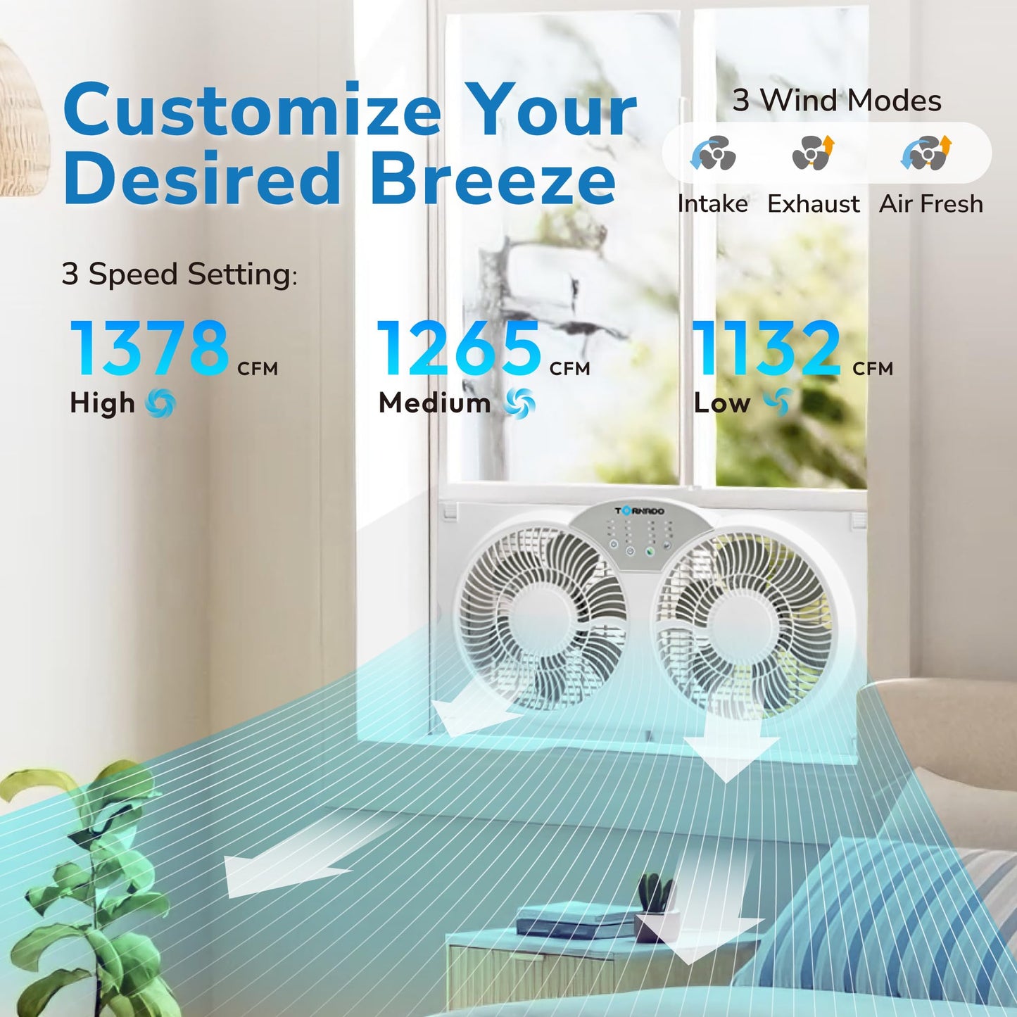 Tornado 9 Inch Dual Window Fan with 8-Hour Timer and 3-Speed Settings, 23.5-36 Inch Expandable, 3 Function Modes (Cooling/Exhaust/Circulation)