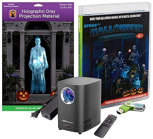 Reaper Brothers Halloween Hollusion Digital Decoration Kit Includes 8 AtmosFX Video Effects for Halloween Plus HD Super Bright Projector and 5.5' x 9'
