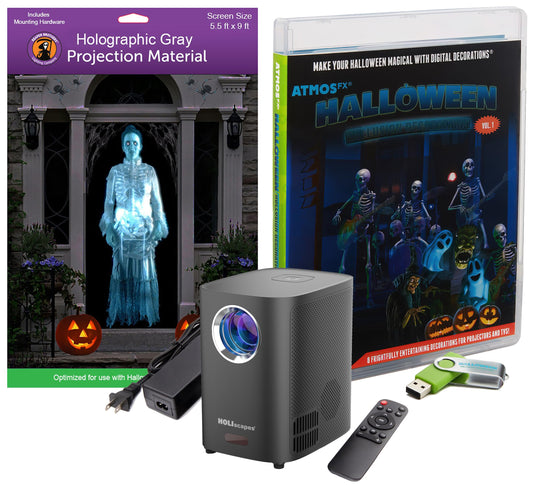 Reaper Brothers Halloween Hollusion Digital Decoration Kit Includes 8 AtmosFX Video Effects for Halloween Plus HD Super Bright Projector and 5.5' x 9'