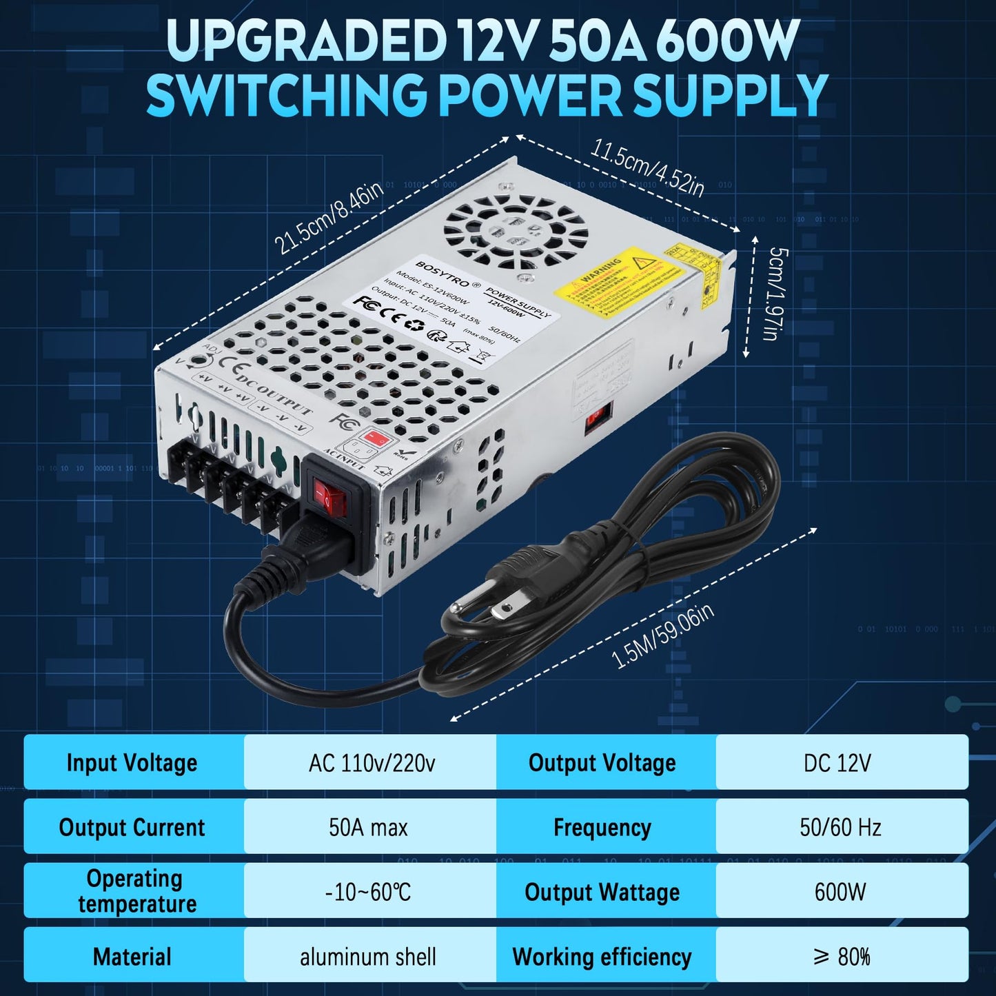 BOSYTRO 12V DC Power Supply 600W 50A AC to DC Converter Switching Power Supply for Led Strip, Motor Pump, CCTV, 3D Printer, Electronic Instruments…