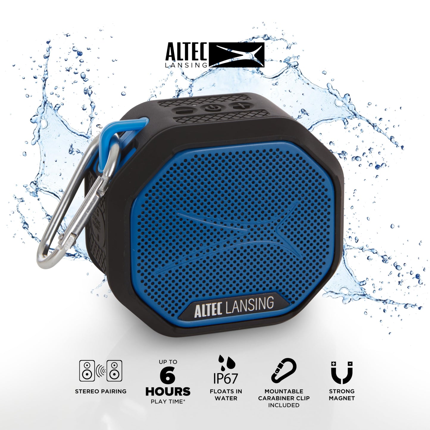 Altec Lansing HYDRATREK Magnetic Bluetooth Speaker, Waterproof IP67, 5W RMS Output, True Wireless Pairing, USB-C Quick Charge, 3.7V 400mAh Battery