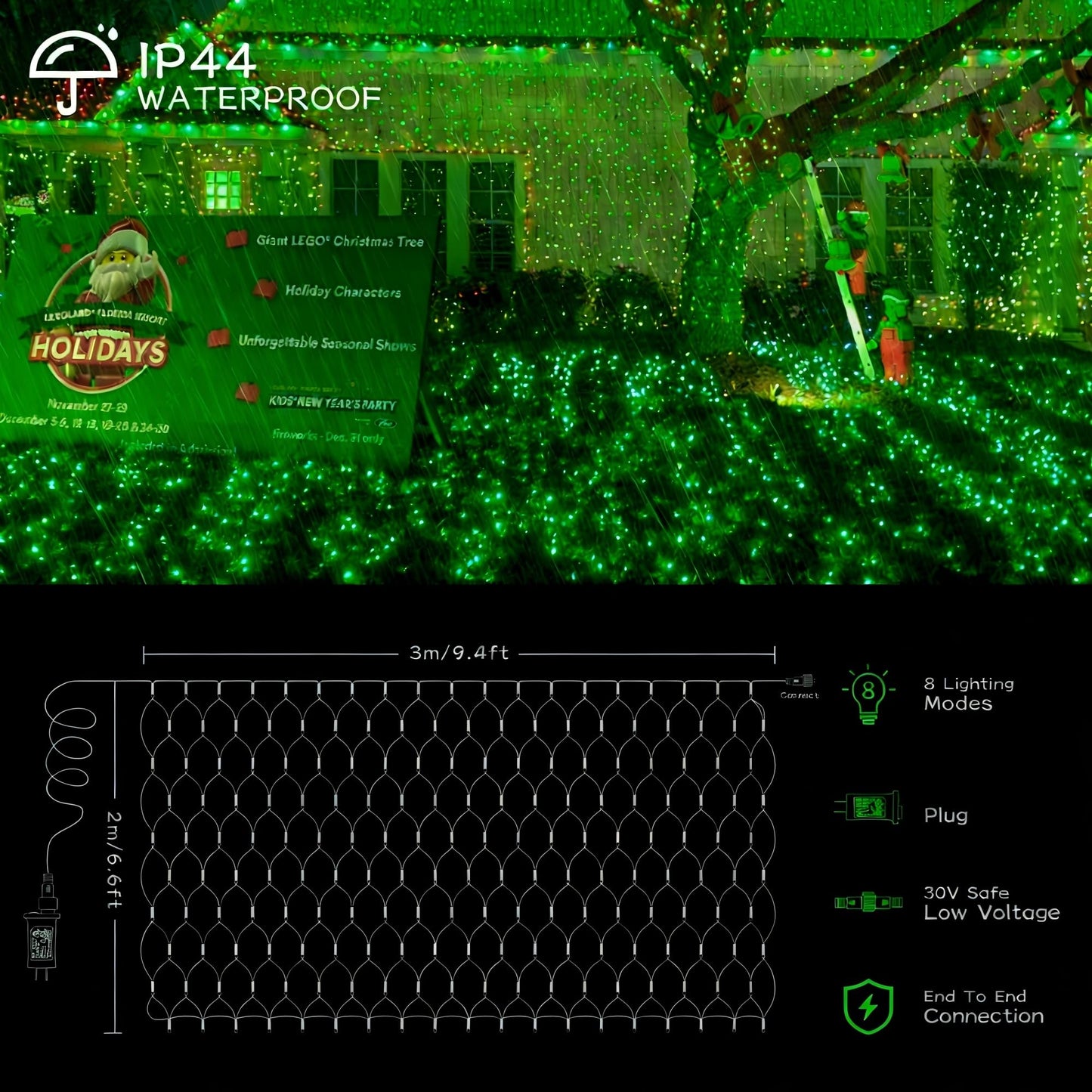 oopswow 9.8ft x 6.6ft 192 LED Christmas Net Lights,8 Modes 30V Low Voltage Mesh Fairy String Lights for Christmas Trees, Bushes, Wedding, Garden