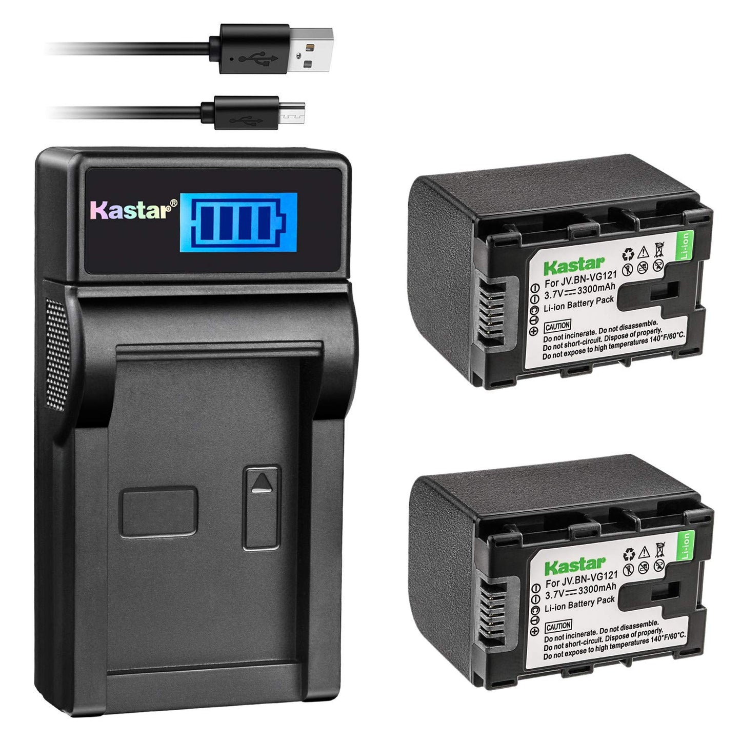 Kastar 2X Battery + Slim LCD Charger for JVC BN-VG121 BNVG121 BN-VG107 BN-VG107U BN-VG108E BN-VG108U BN-VG114 BN-VG114AC VG114E VG114U VG121AC VG121