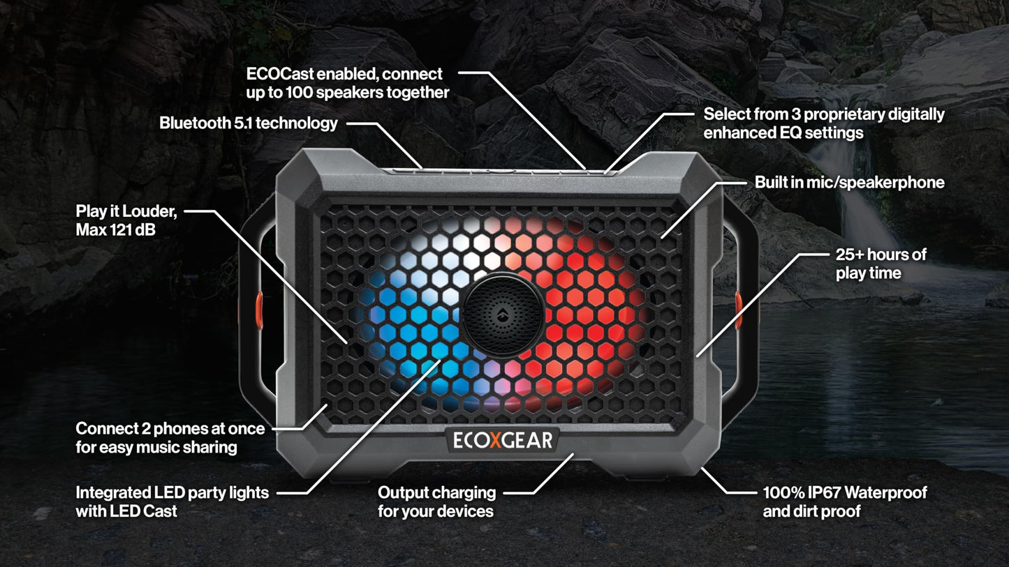 ECOXGEAR Defender: Outdoor Portable Bluetooth Speaker, 121dB Massive Sound, Waterproof and Drop Proof, with LED Party Lights, Pair up to 100, 25+
