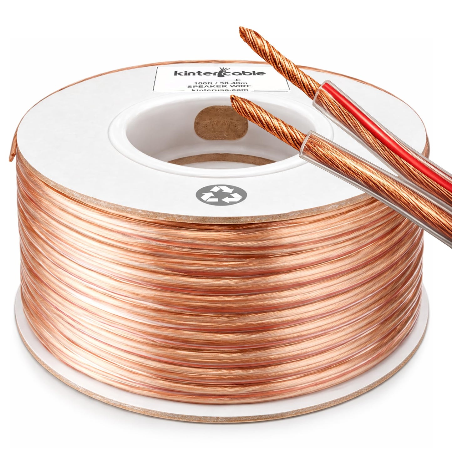 Kinter Cable 100ft 14-Gauge Audio Stereo Speaker Wire 30.48 Meters 2 Conductor Polarity Marked Clear PVC, CCA, Spool in Box, for Home Theater, HiFi