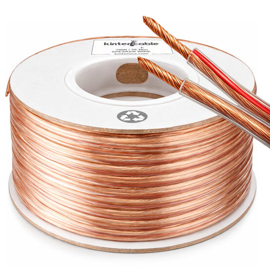 Kinter Cable 100ft 14-Gauge Audio Stereo Speaker Wire 30.48 Meters 2 Conductor Polarity Marked Clear PVC, CCA, Spool in Box, for Home Theater, HiFi