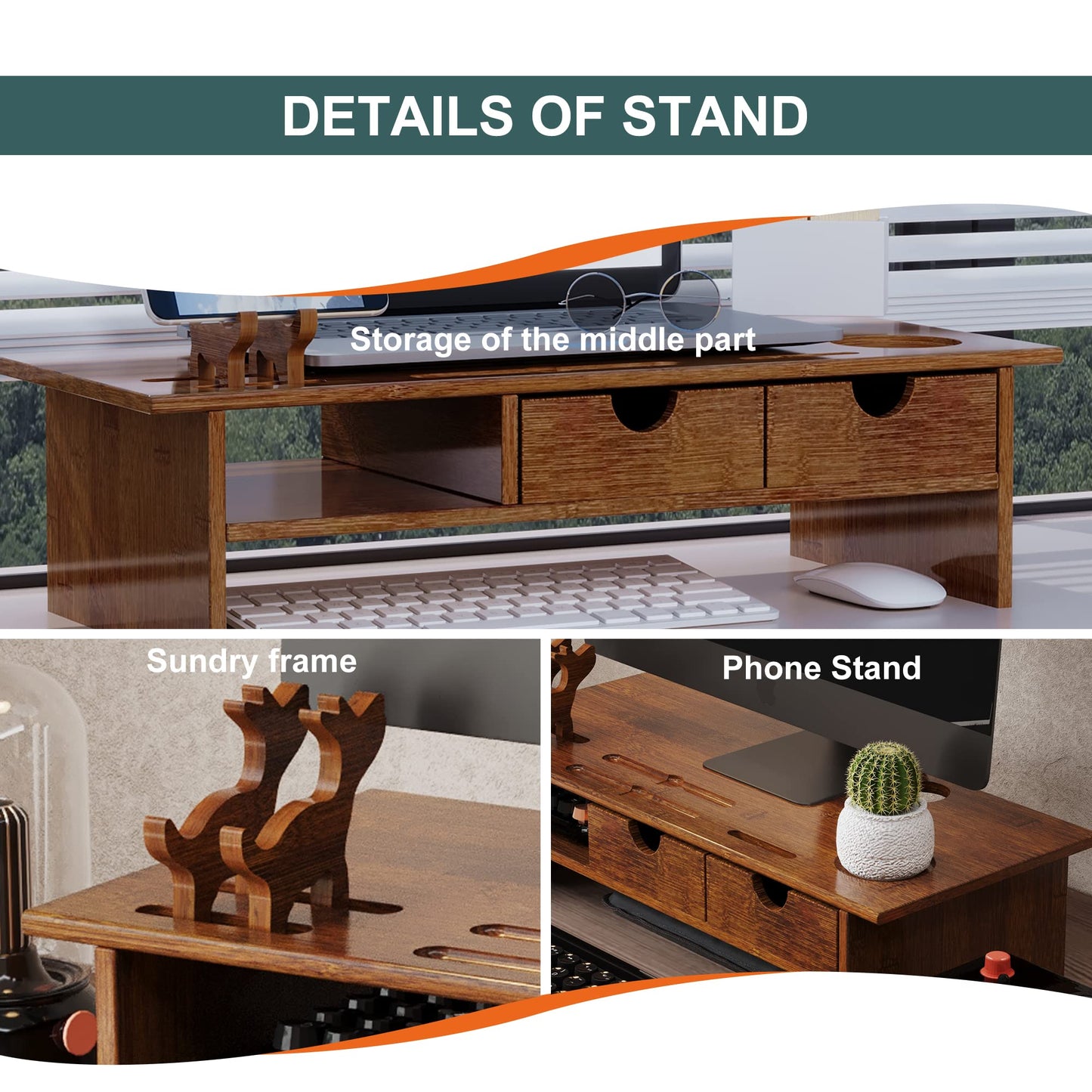 Sundale Outdoor WAYTRIM Bamboo Wood Monitor Stand Ergonomic Computer Riser with Storage Organizer Drawers Desktop Laptop Shelf Risers Cellphone Stand