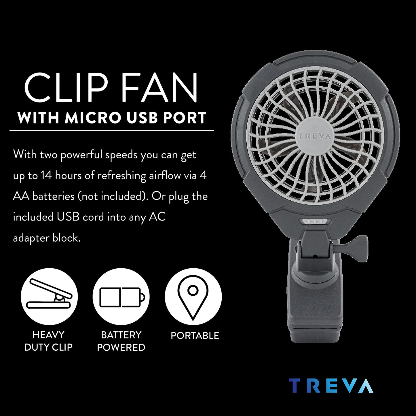 O2COOL Treva 5 in Battery & USB Powered Clip on Fan 2-Speed Gray