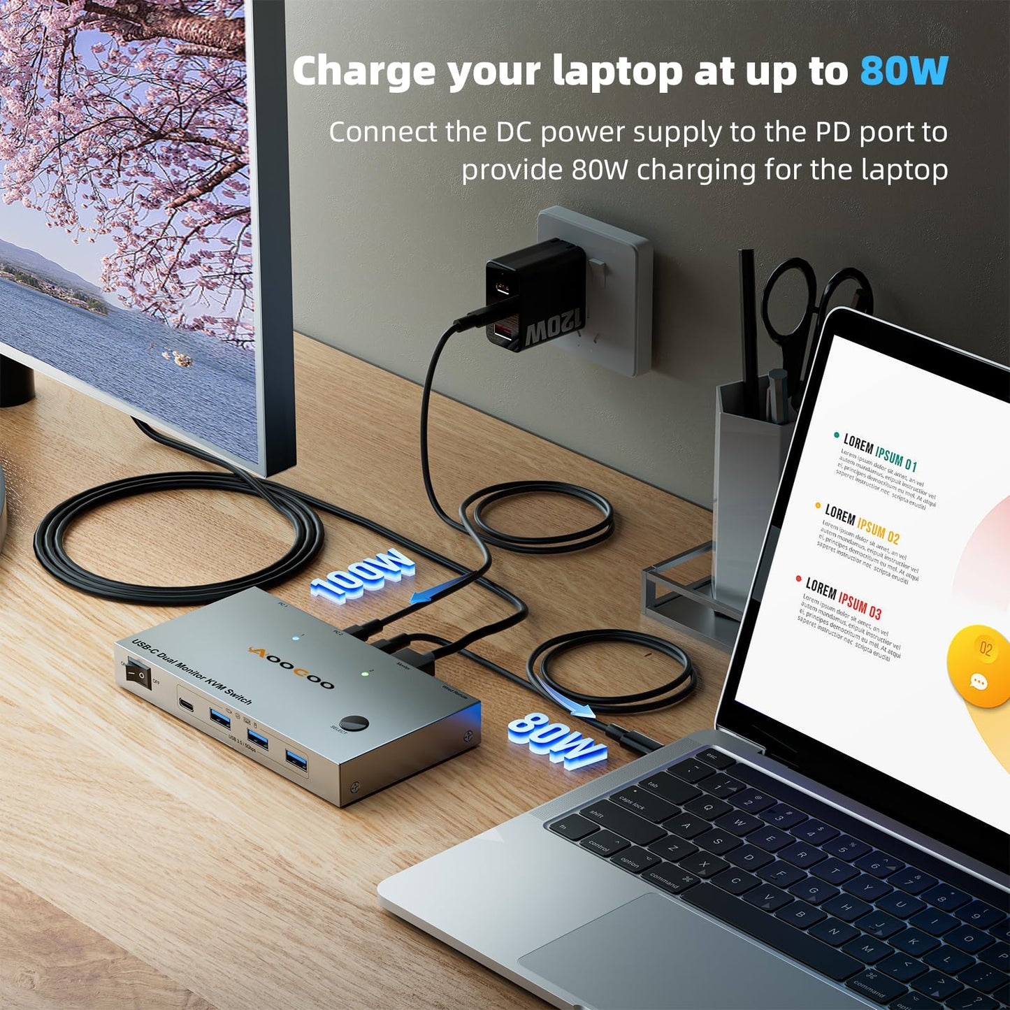 USB C KVM Switch 4K@60Hz, Dual Monitor KVM Switch for 2 Laptops Sharing 2 Monitors and 4 USB3.0 Devices, with 100W PD,Wired Remote Control and USB