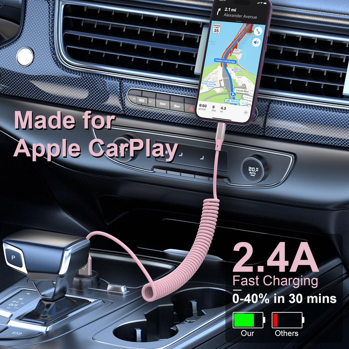 Coiled iPhone Charger Cord - 6Ft Lightning Cable for Apple CarPlay, Pink MFi Certified With Data Sync, Compatible With iPhone 14 13 12 11 Pro Max