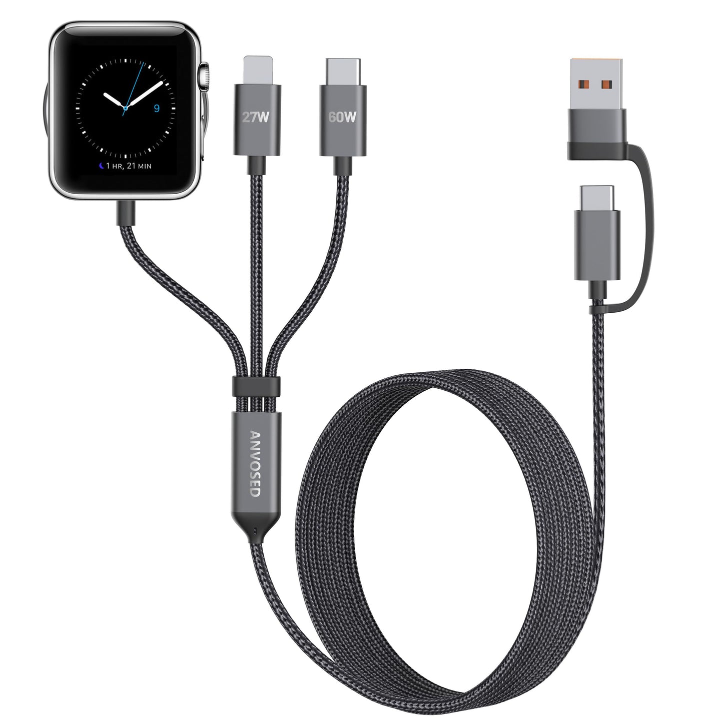 ANVOSED 60W Fast Charging Cable for Apple Watch Charger, 6-in-1 Portable Multi Charging Cable for Apple Watch Series 1-11/SE/Ultra (Black, 120)