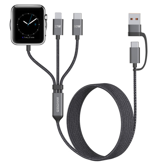 ANVOSED 60W Fast Charging Cable for Apple Watch Charger, 6-in-1 Portable Multi Charging Cable for Apple Watch Series 1-11/SE/Ultra (Black, 120)