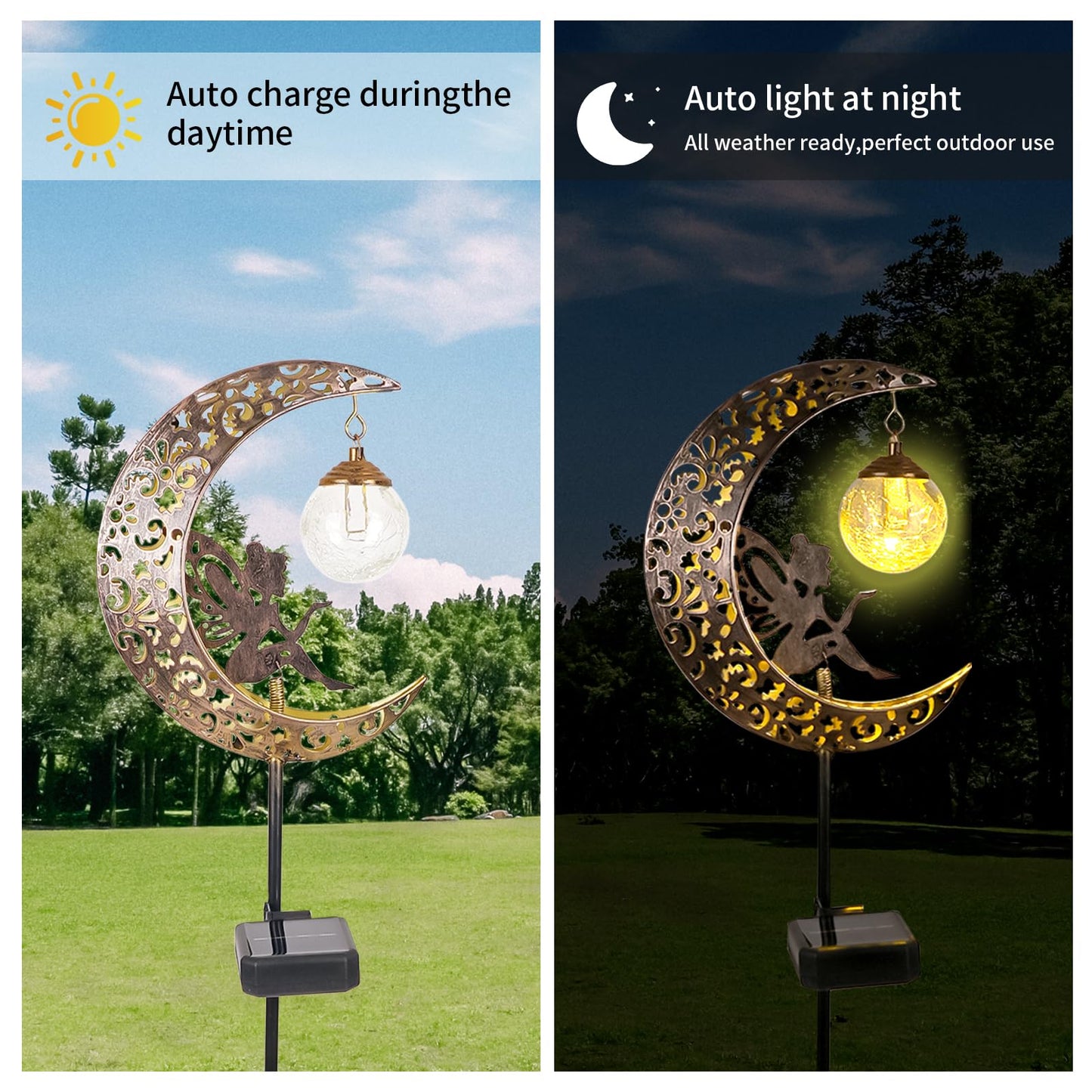 Solar Garden Lights Outdoor Decor,Moon Fairy Crackle Glass Lights,Waterproof Warm White LED Metal Stake Ornament,for Walkway Backyard Patio Lawn