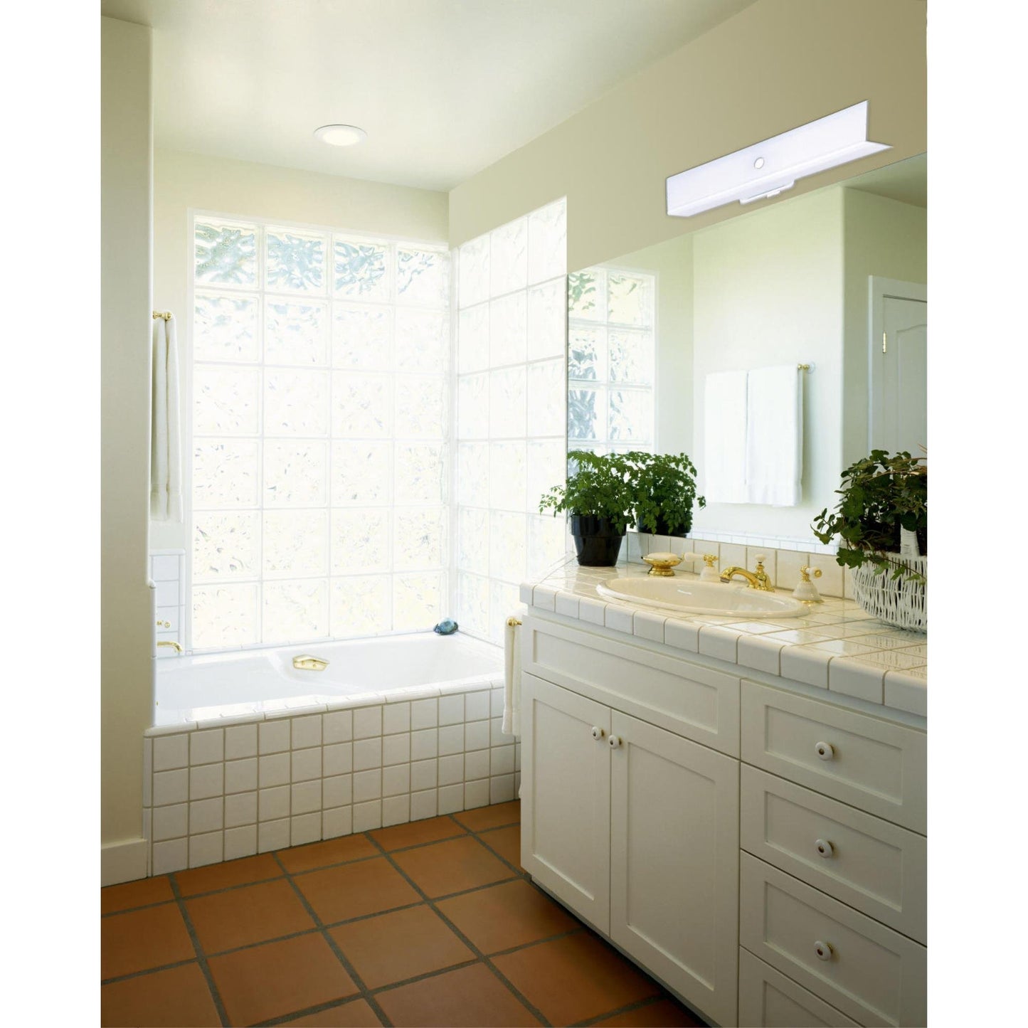 Two-Light Interior Wall Fixture with Ground Convenience Outlet, White Finish Base with White Ceramic Glass
