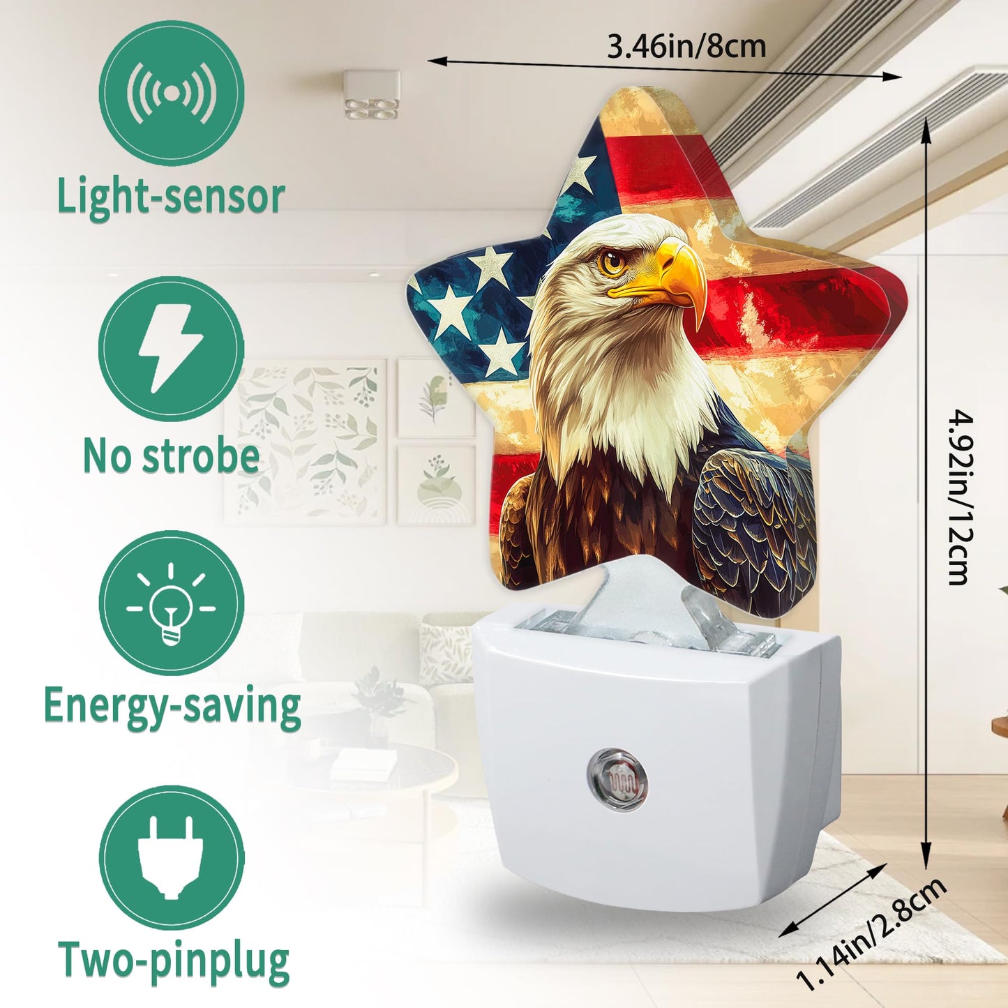 Eagle American Flag Plug in Star Night Light, Night Light with Sensor for Kids Nursery Bedroom, Decorative Soft Glow Lamp for Hallway Bathroom, Energy