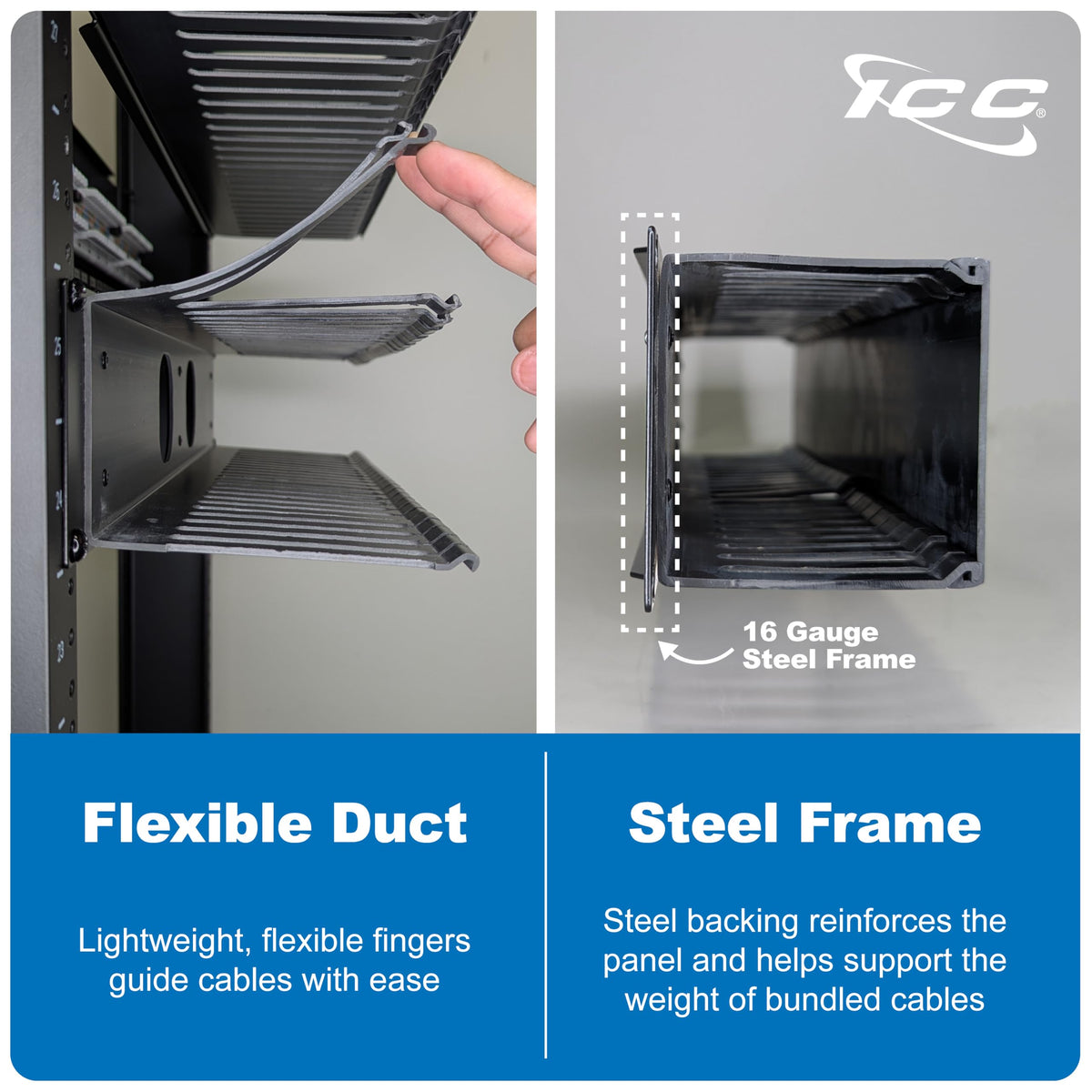 ICC 2U Finger Duct Cable Manager with Cover, 3-Inch Depth, Black, 1-Pack