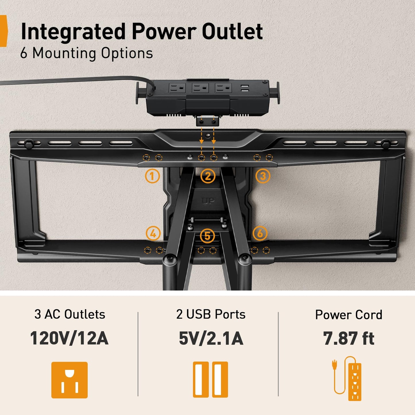 Perlegear Full Motion TV Wall Mount with Power Strip for 42-90 Inch TVs up to 150 lbs, Pre-Assembled TV Mount Has Smooth Swivel, Tilt, Extension, Max