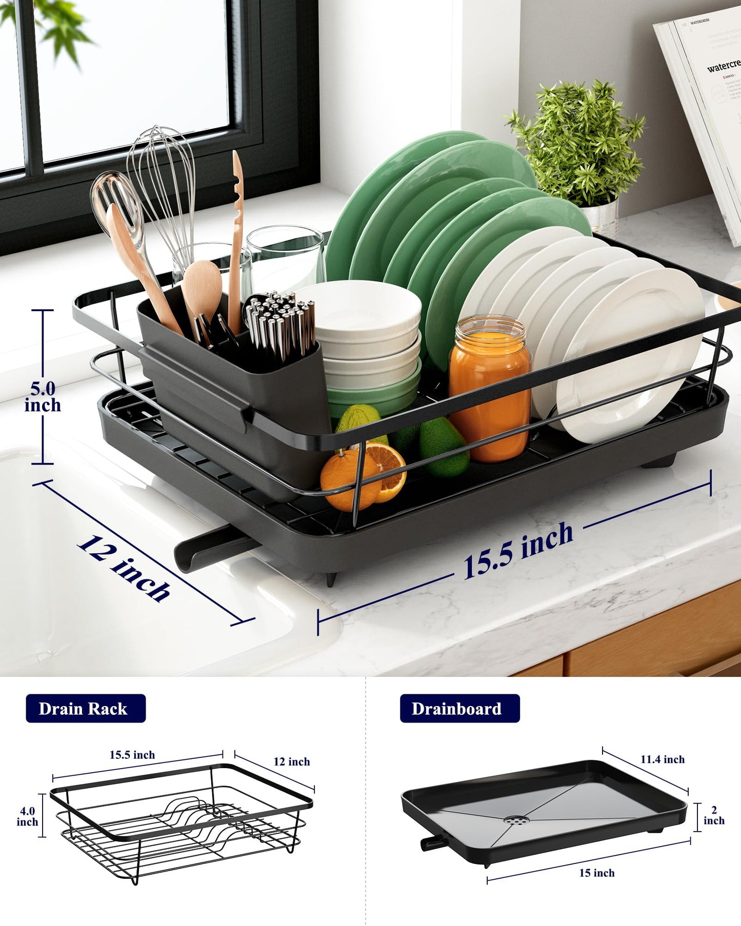 Kitsure Dish Drying Rack for Kitchen Counter, Stainless Steel with Cutlery Holder, Sink Organization & Storage, 12"x15.5", Black