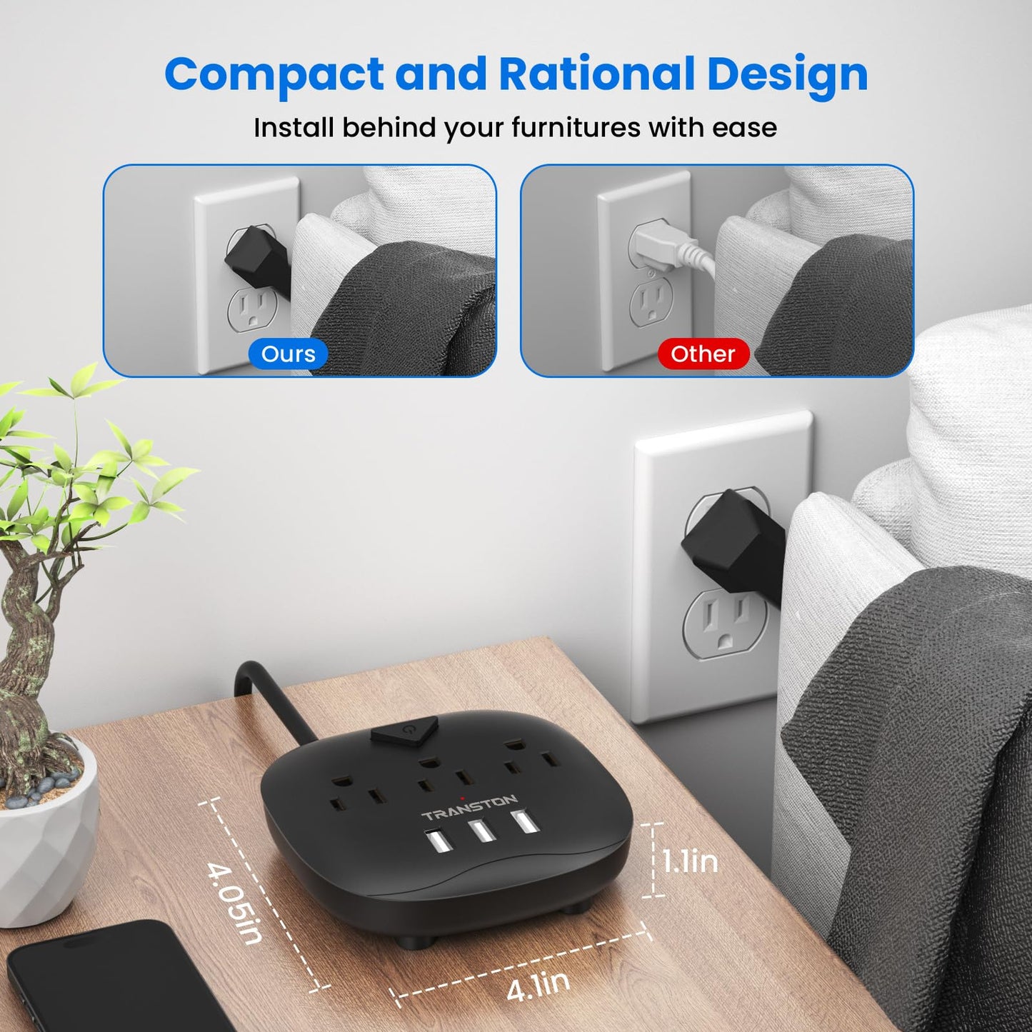 Power Strip 3 Outlets and 3 USB Ports with Switch Control, Desktop Charging Station with 5 ft Extension Cord, Compact for Nightstand, Office