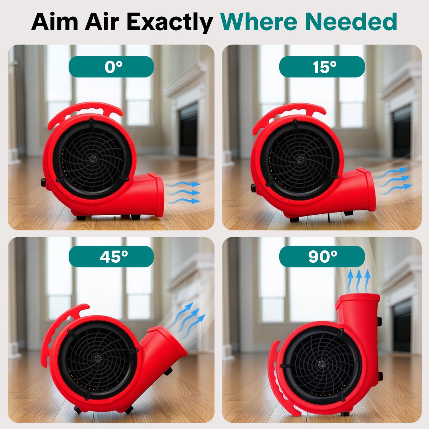 SereneLife Air Mover Blower Fan 2500 CFM - Powerful High Performance 3-Speed Fan for Floor & Carpet Drying, Portable Floor Fan w/Adjustable Tilt, Plug
