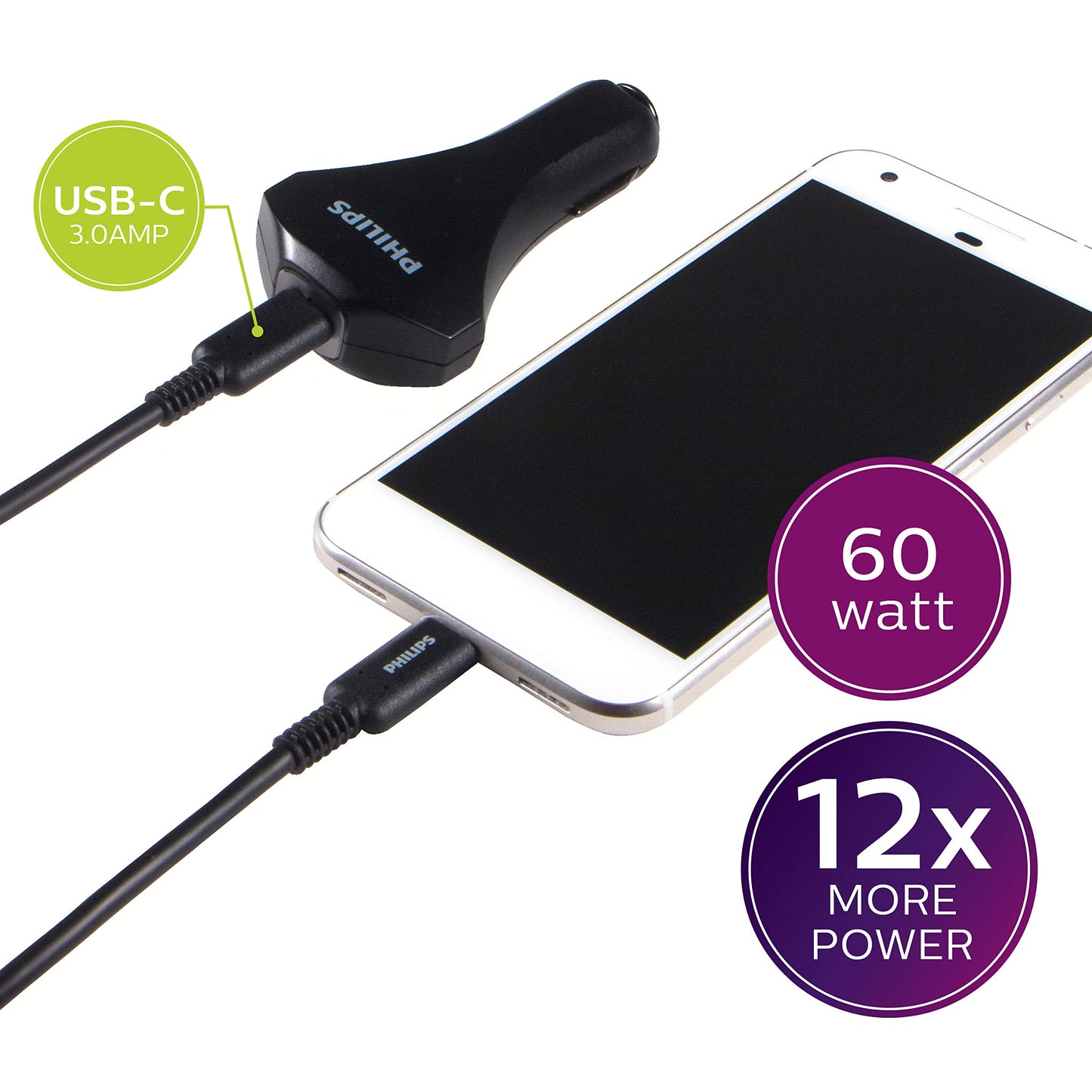Philips 60W USB-C Laptop/Phone/Tablet Car Charger, Power Delivery, for Type C Laptops, MacBook, iPad Pro, iPhone, Galaxy, Pixel and More, Great