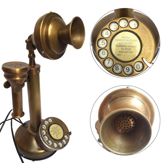 Antique Brass Candlestick Telephone Retro Western Style Rotary Dial Landline Decorative Vintage Phone for Home, Office & Collectible Decor
