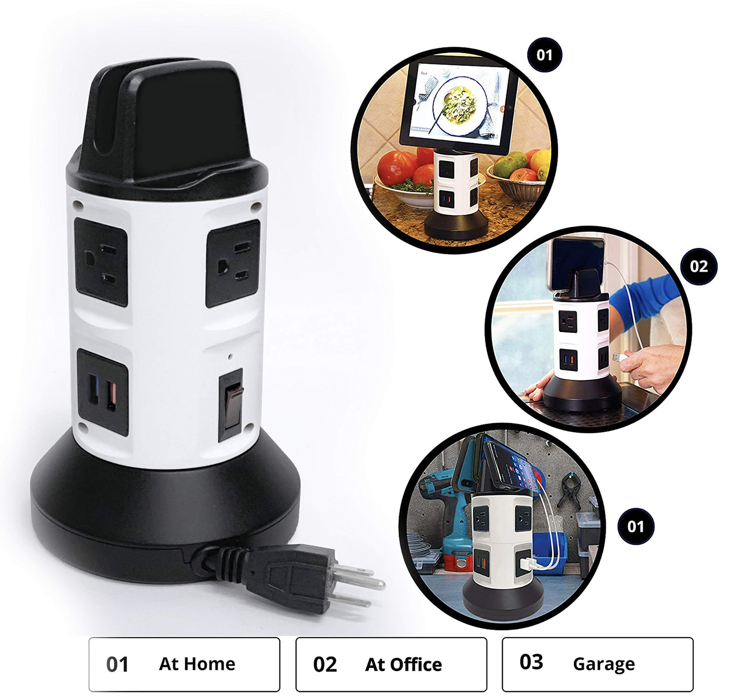 Bell+Howell Spin Power Strip Tower Surge Protector S/4-4 Outlets, 6 USB Ports, 40" Retractable Cord, 360° Rotation | Electric Charging Station