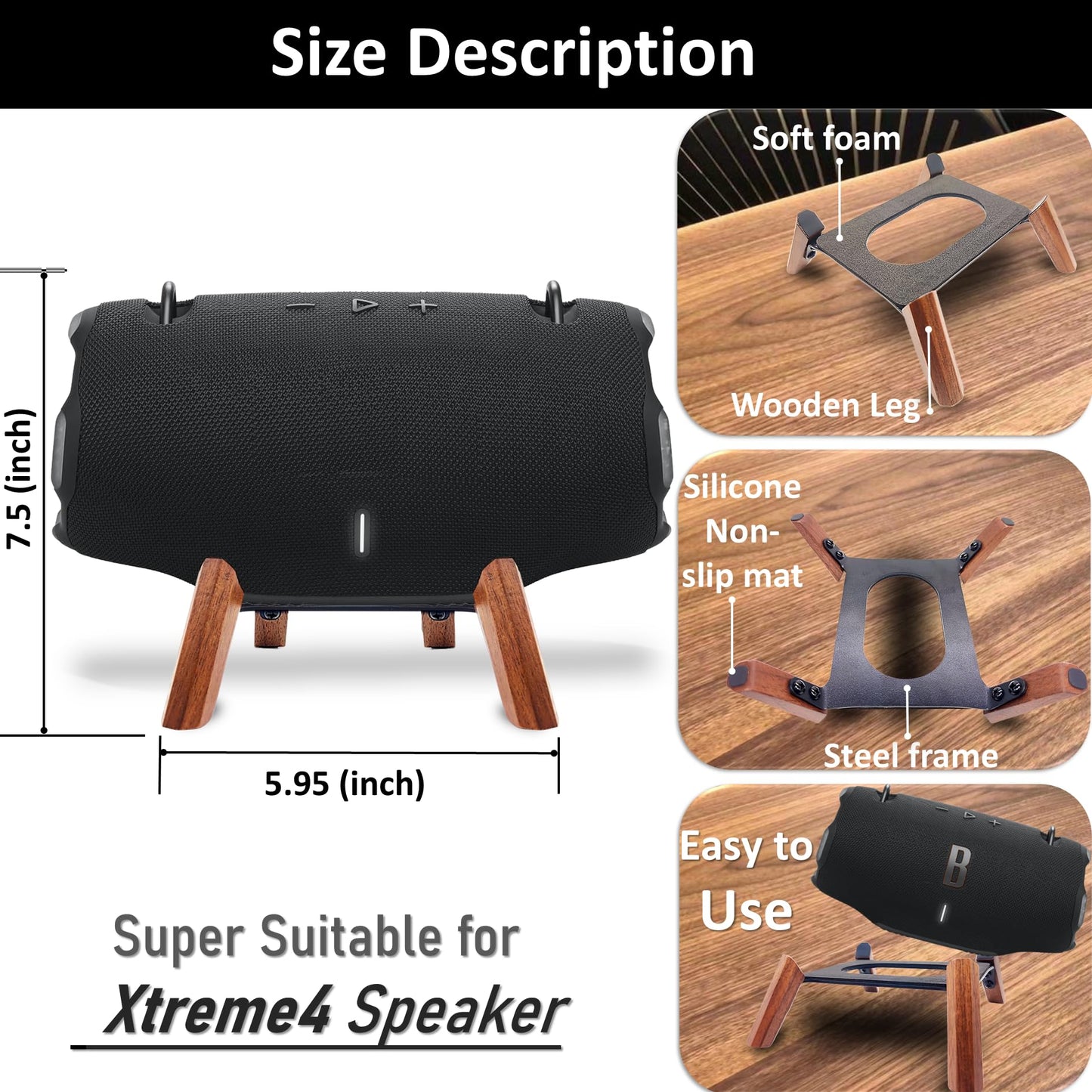 Real Wood Stand comparible for jbl Xtreme 4 Portable Bluetooth Speaker,Tripod Mount, Secure Stable Sturdy Wooden Desk Holder for xtreme4,Xtreme