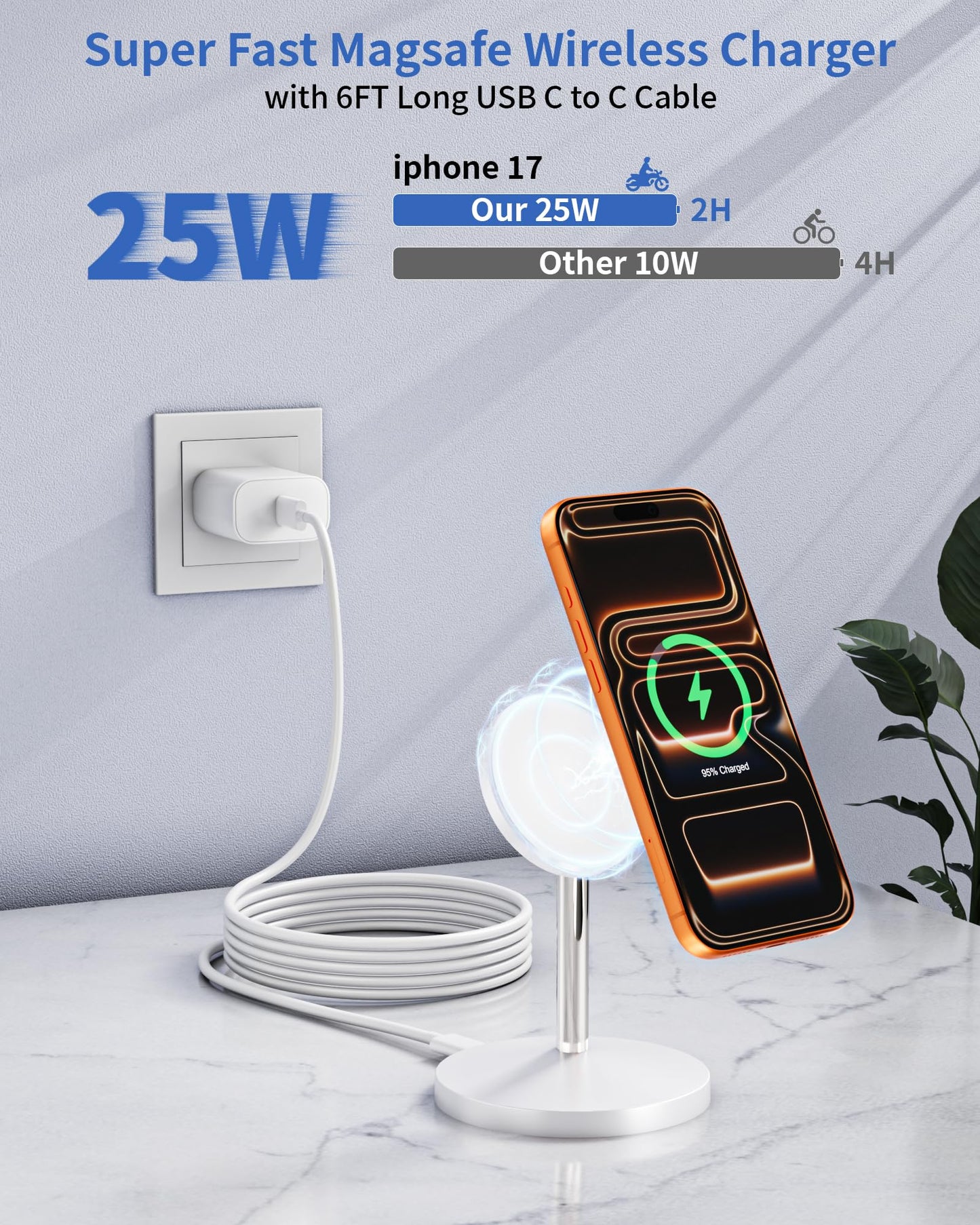 Magnetic Wireless Charger Stand, 25W Fast Mag Safe Charger iPhone Stand, 6FT Magnet Wireless Charging Station Pad with 35W Adapter for iPhone 17 Air