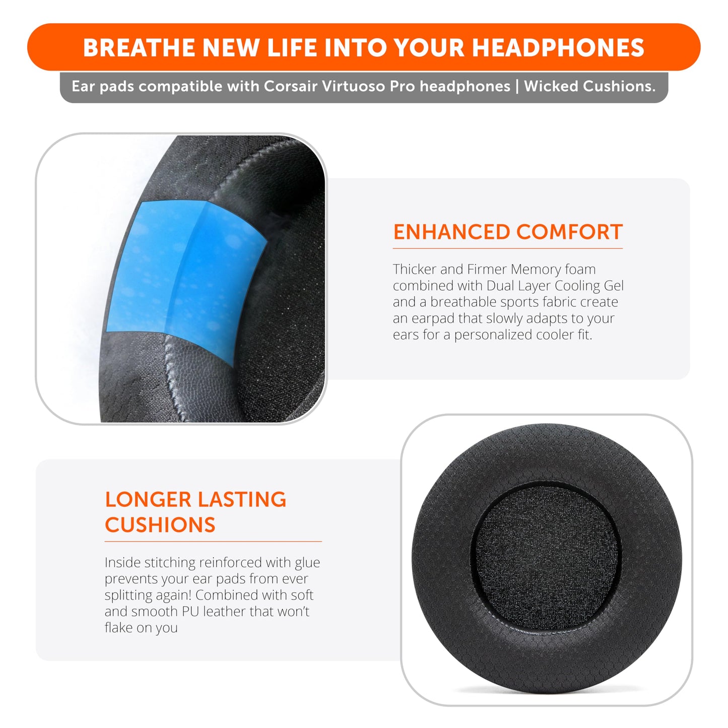 WC Freeze Virtuoso Pro - Cooling Gel Earpads for Corsair Virtuoso Pro Headsets Made by Wicked Cushions - Enhanced Comfort, Durability, and Sound