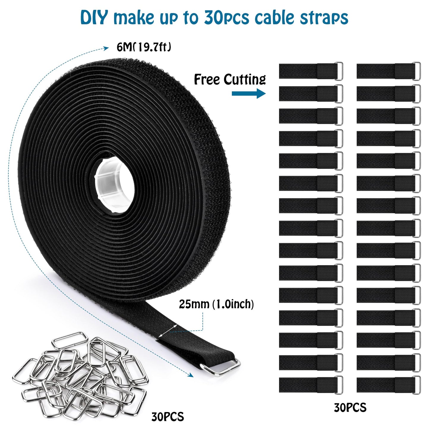 Nettbe 1"x19.7ft Hook and Loop Straps with 30 Buckles Adjustable Cut-to-Length Cable Ties - Reusable Nylon Fastening Tape Cable Straps for Storage or