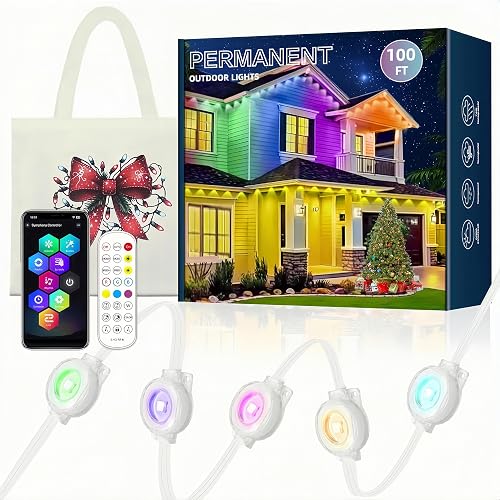 Slngfrle Permanent Outdoor Lights 100FT 60LEDs, RGBWC+IC Smart LED Strip with 50+ Scene Modes, IP68 Waterproof, App & Remote Control for Christmas