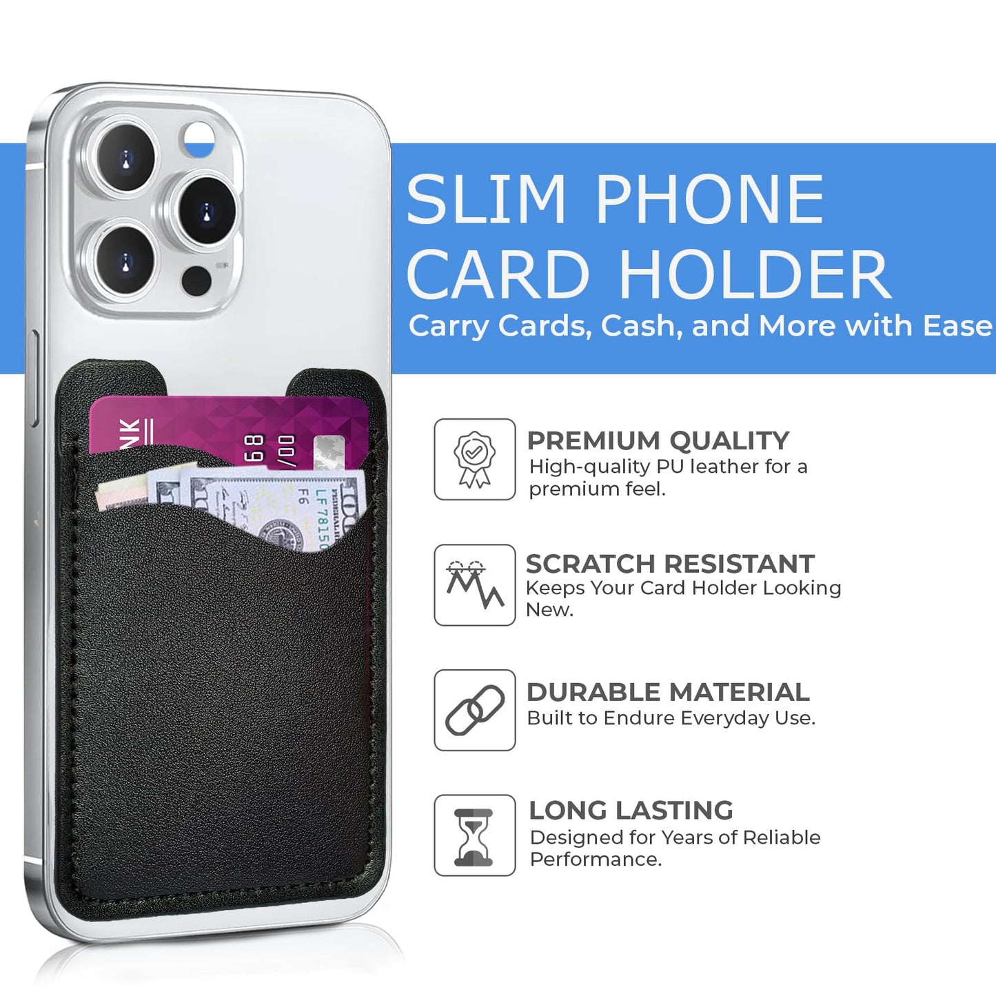 SNJXAMC Phone Wallet Stick ON,Credit Card Holder for Phone Case,Leather Wallet,Stick On Wallet for iPhone Samsung Android,Card Holder,2 Pack,Black