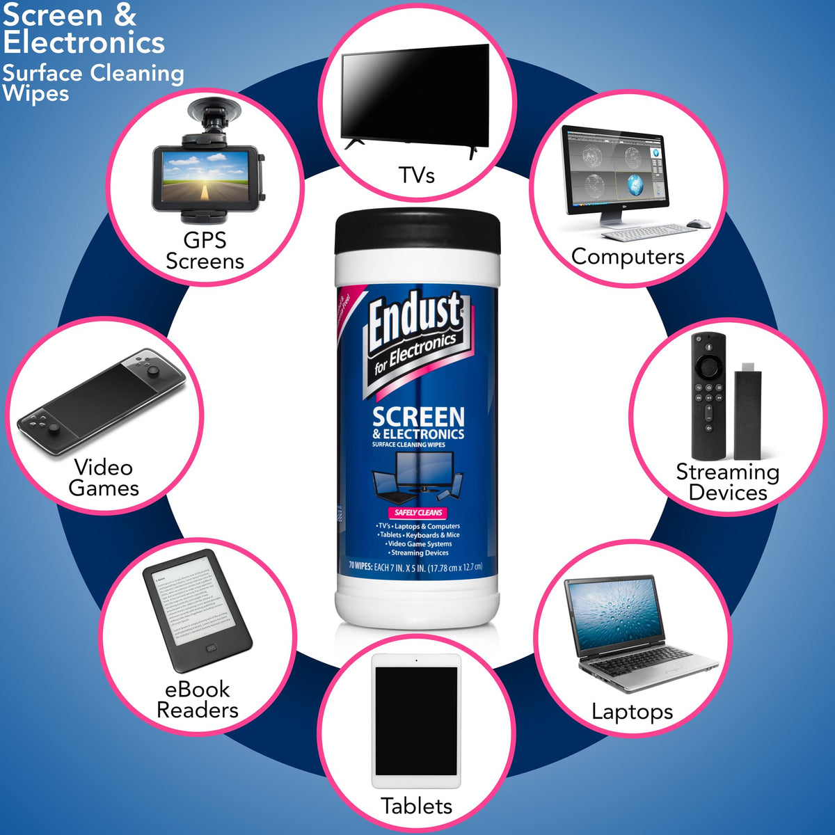Endust For Electronics; Screen & Surface Cleaning Wipes, For TV, Phone, Computer Monitor, Laptop, Tablet, Pre-Moistened, Alcohol and Ammonia Free, 70 Count, 6 Pack (11506P6)