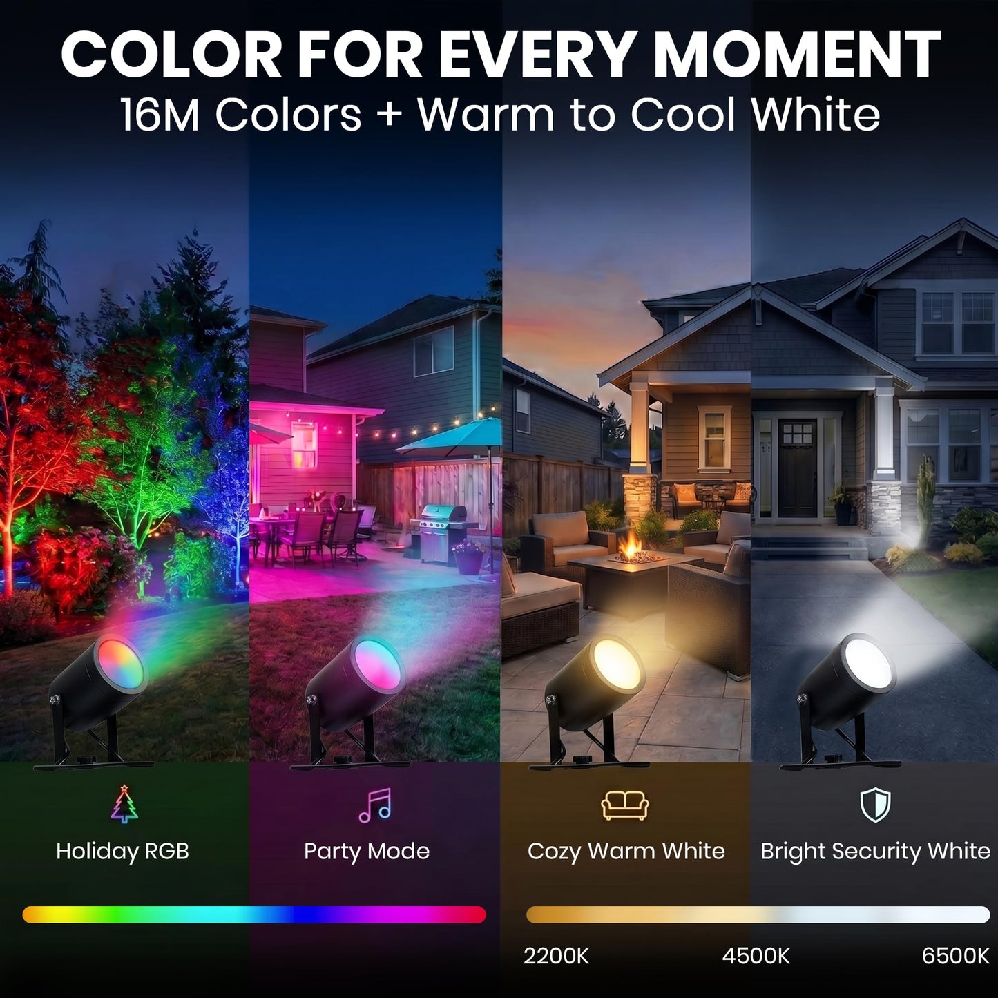 Novelty Lights Smart RGB+WW Landscape Spot Lights - 4 Pack Color Changing Outdoor Lights with Remote & App Control, 16 Million Colors, 2200K-6500K