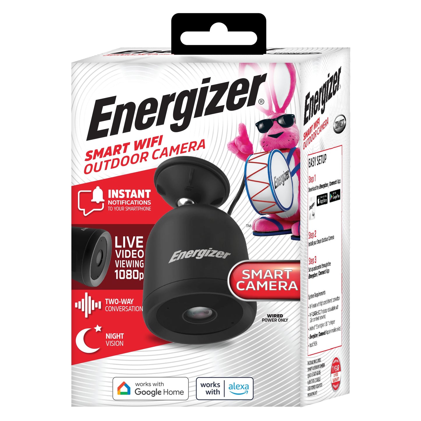 Energizer Smart Outdoor 1080P Security Camera with 2-Way Audio, Night Vision, Instant Alerts, Cloud Storage, Remote Access, Voice Control Compatible