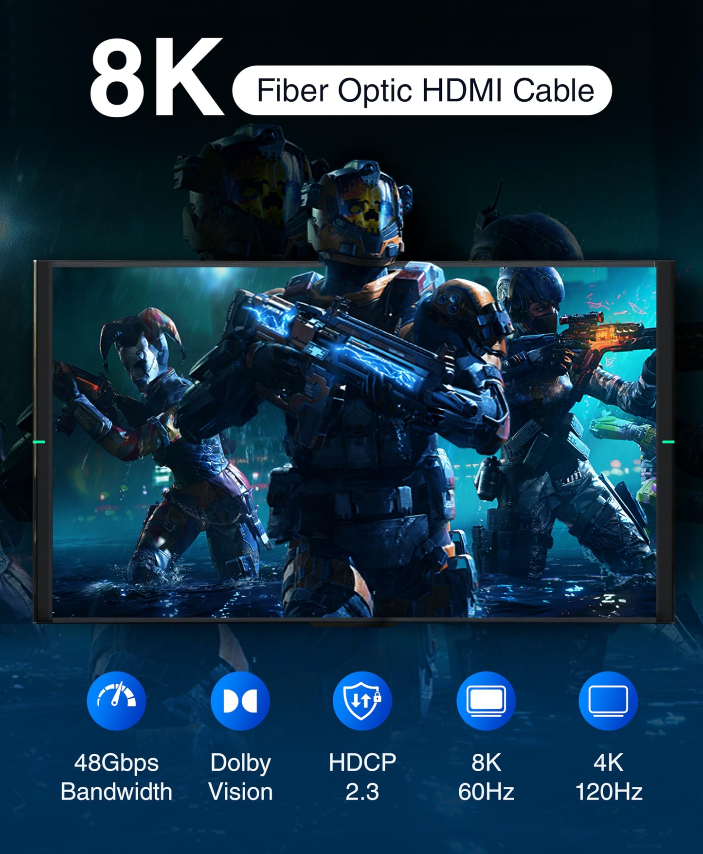BlueRigger 8K Fiber Optic HDMI Cable 50FT (48Gbps, in-Wall CL3 Rated, 8K 60Hz, 4K 144Hz, HDCP 2.3, HDR10+) Ultra High Speed Long HDMI AOC 2.1 Cable
